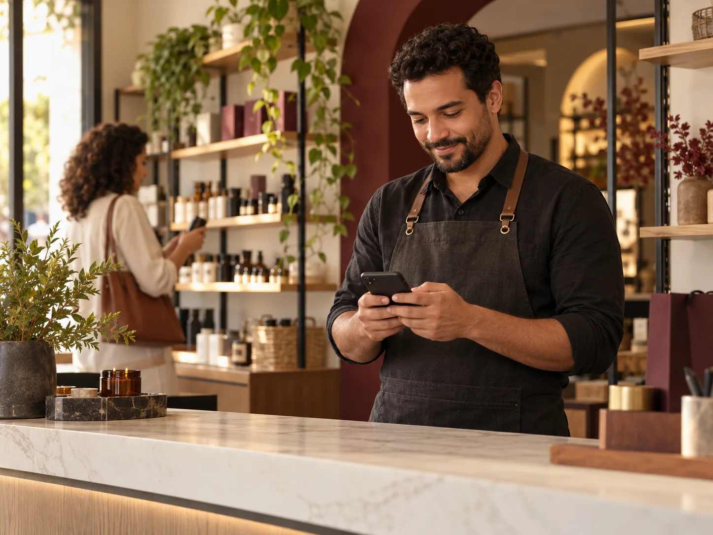 Comerciante consulta o celular em sua loja