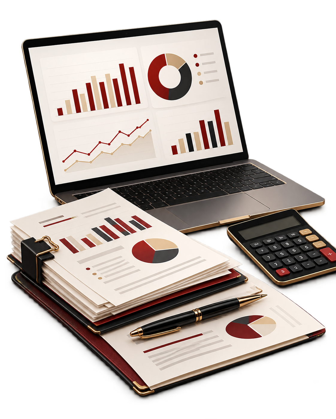 Painel financeiro, documentos e calculadora que ilustram a contabilidade empresarial