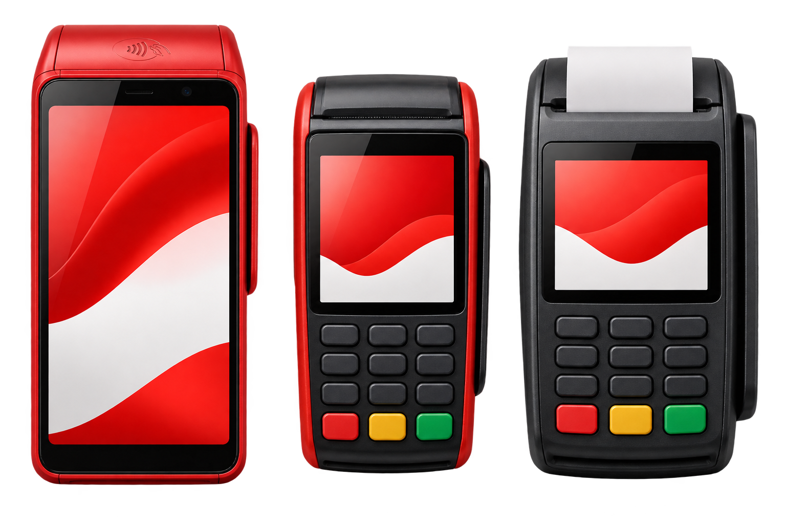 Três modelos ilustrativos de maquininhas de pagamento: terminal com tela, modelo compacto e terminal com teclado