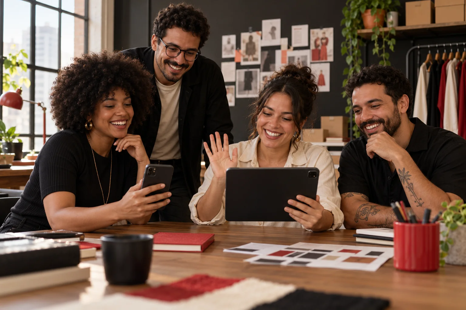 Equipe usa dispositivos móveis em reunião